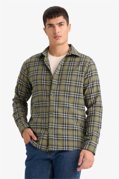 Regular Fit Polo Collar Plaid Flannel Long Sleeve Shirt