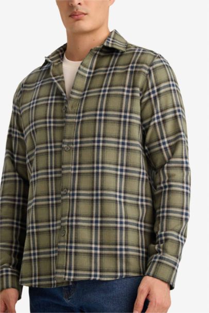 Regular Fit Polo Collar Plaid Flannel Long Sleeve Shirt