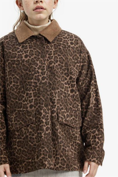 Flare Fit Leopar Desenli Gabardin Uzun Kollu Gömlek Kız Çocuk