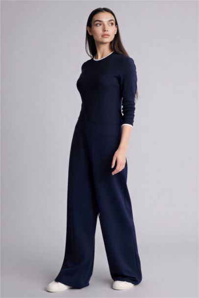 بنطلون منسوج وايد ليج برجل واسع