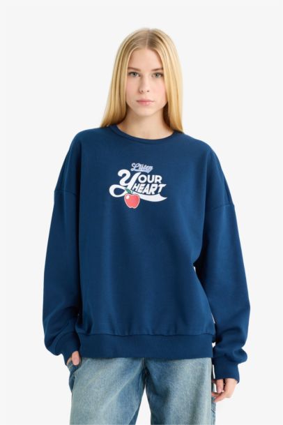 Oversize Loose Fit Crew Neck Printed Thick Sweatshirt