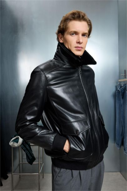 %100 Deri Premium Modern Fit Polo Yaka Astarlı Fermuarlı Mont