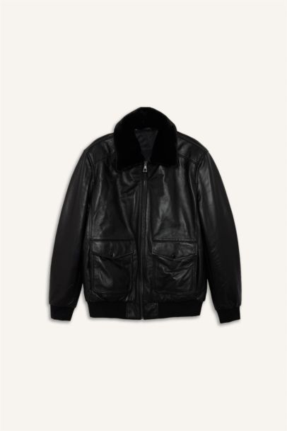 %100 Deri Premium Modern Fit Polo Yaka Astarlı Fermuarlı Mont