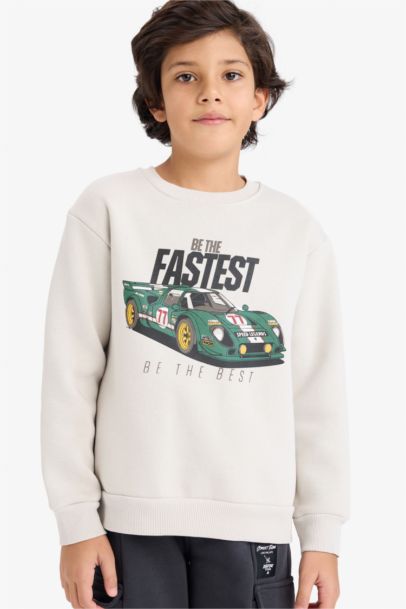 Bisiklet Yaka Baskılı İçi Yumuşak Tüylü Sweatshirt Erkek Çocuk