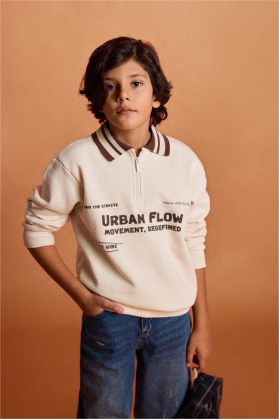 Boy Polo Collar Printed Soft Fleece Lining Sweatshirt