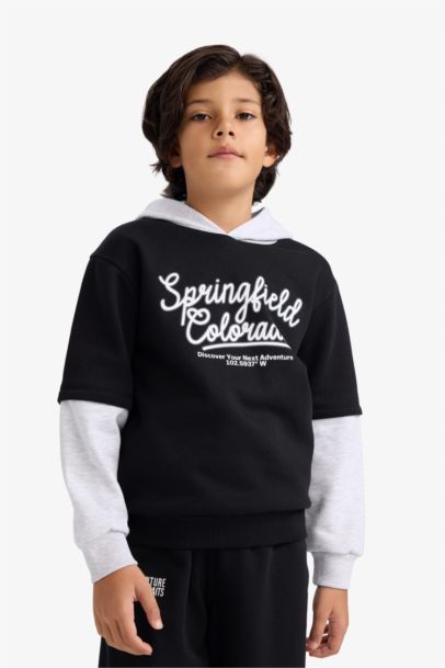 Kapüşonlu Baskılı İçi Yumuşak Tüylü Sweatshirt Erkek Çocuk