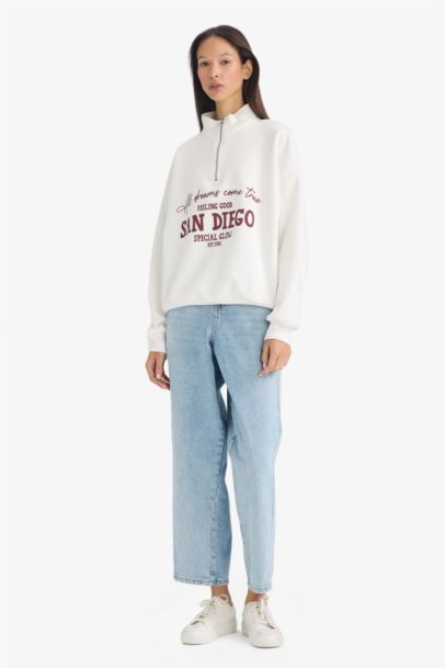 Oversize Fit Half Zip Printed Thick Sweatshirt