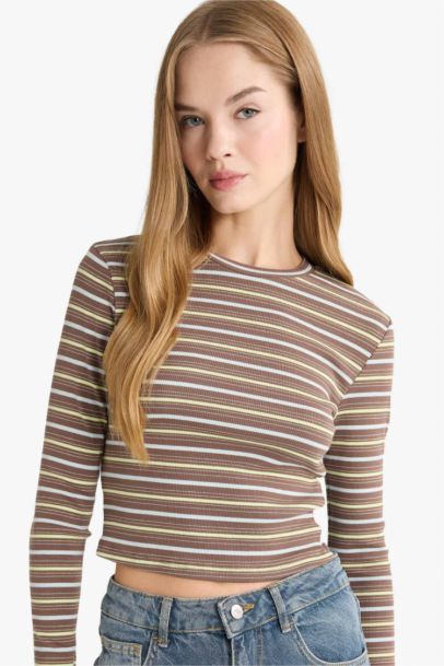 Fitted Crew Neck Striped Ribbed Long Sleeve T-Shirt