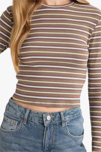 Fitted Crew Neck Striped Ribbed Long Sleeve T-Shirt