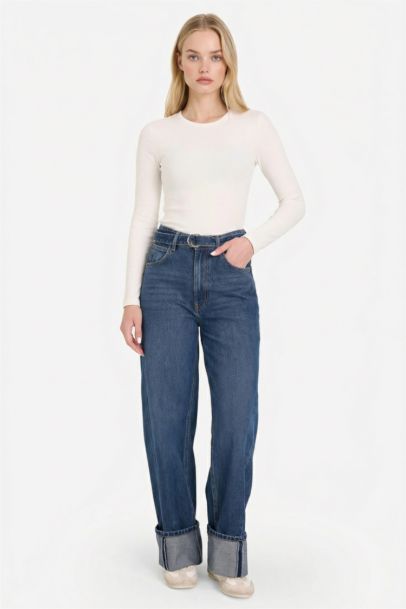 Wide Leg Folded Leg Denim Trousers