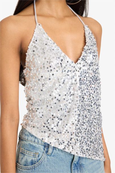 Neck Tie Sequined Asymmetrical Blouse