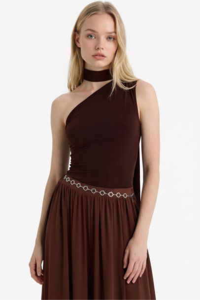 Fitted One-Shoulder Top with Scarf Detail