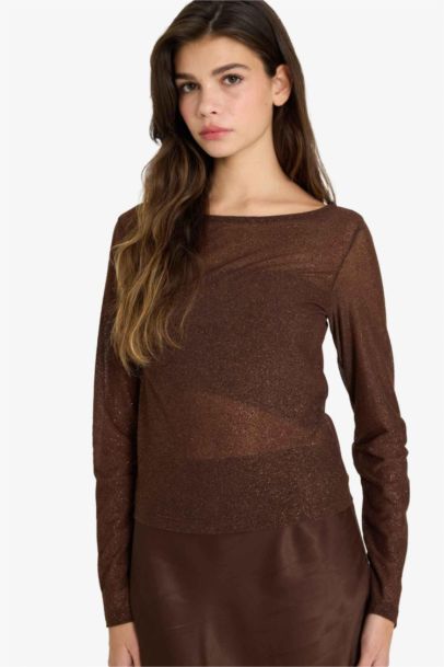 Fitted Boat Neck Glitter Fabric Long Sleeve Blouse