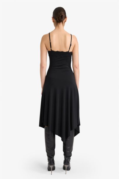 Robe midi à bretelles thème Noël coupe trapèze col V fendue