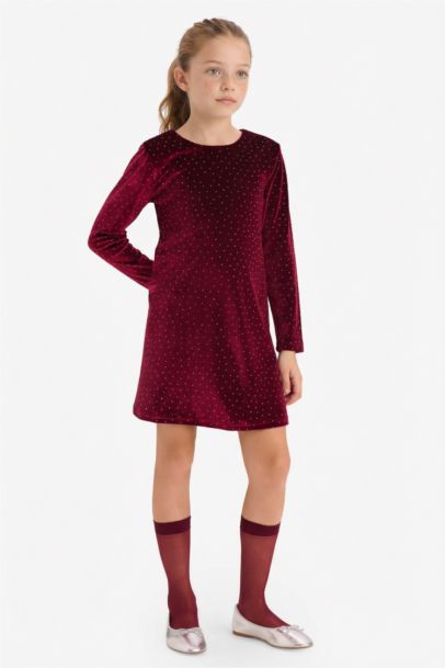 Girl Crew Neck Velvet Long Sleeve Dress