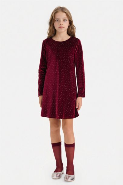 Girl Crew Neck Velvet Long Sleeve Dress