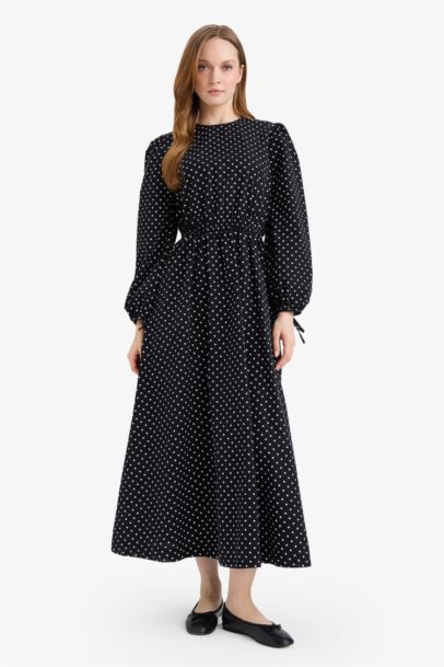 Robe en popeline à col rond et manches longues imprimée