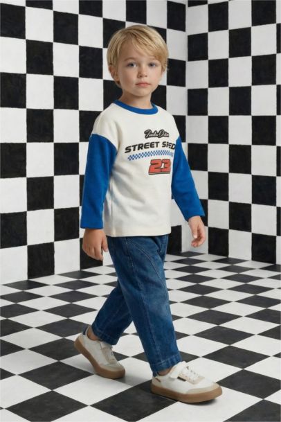 Oversize Geniş Kalıp Bisiklet Yaka Baskılı Uzun Kollu Tişört Erkek Bebek