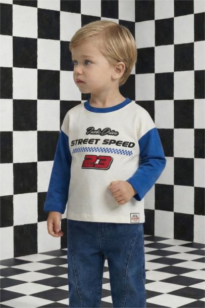 Oversize Geniş Kalıp Bisiklet Yaka Baskılı Uzun Kollu Tişört Erkek Bebek