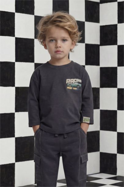 Oversize Geniş Kalıp Bisiklet Yaka Baskılı Uzun Kollu Tişört Erkek Bebek