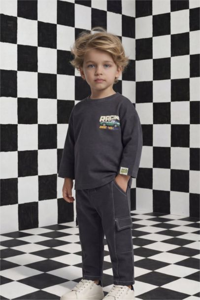 Oversize Geniş Kalıp Bisiklet Yaka Baskılı Uzun Kollu Tişört Erkek Bebek