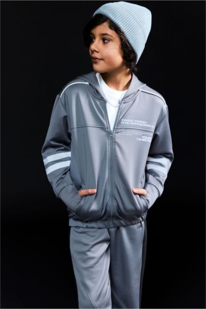 Baskılı Kapüşonlu Skuba Dalgıç Kumaş Fermuarlı Hırka Erkek Çocuk