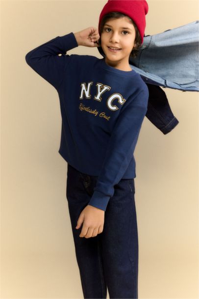 Oversize Geniş Kalıp Bisiklet Yaka Baskılı Uzun Kollu Tişört Erkek Çocuk