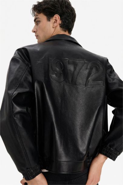 Oversize Fit Shirt Collar Zippered Faux Leather Jacket