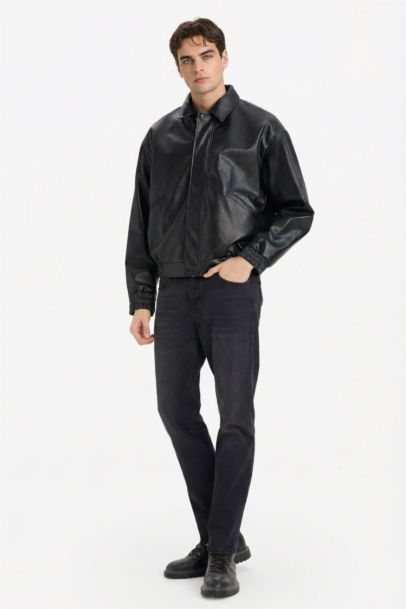 Oversize Fit Shirt Collar Zippered Faux Leather Jacket