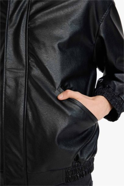 Oversize Fit Shirt Collar Zippered Faux Leather Jacket