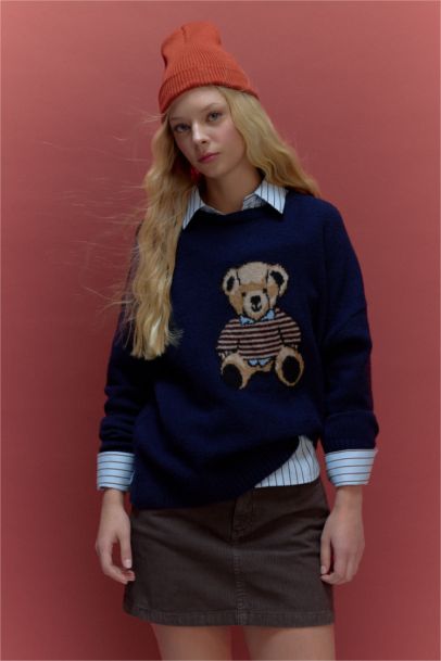 Pull en maille à col rond motif ourson Coupe régulière