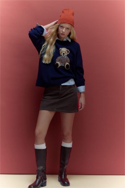 Pull en maille à col rond motif ourson Coupe régulière