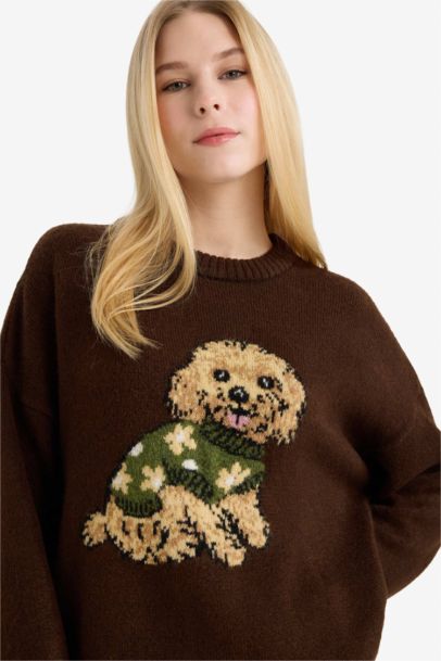 Pull en maille à col rond motif chien Coupe régulière