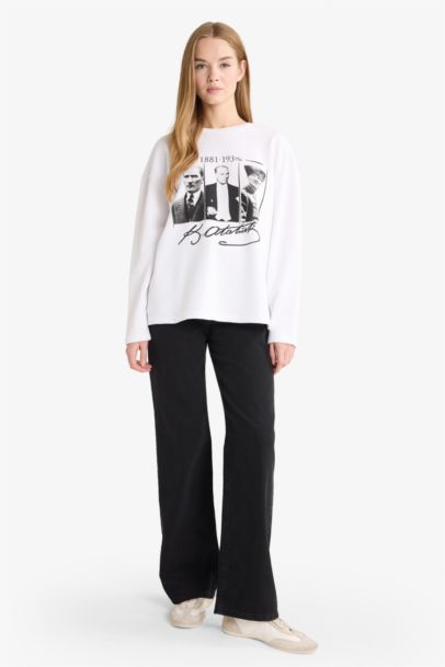 Overshirt Fit Bisiklet Yaka Atatürk Baskılı Kalın Uzun Kollu Tişört