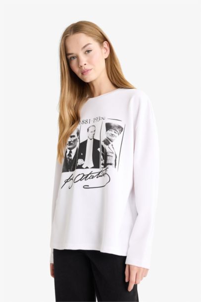 Overshirt Fit Bisiklet Yaka Atatürk Baskılı Kalın Uzun Kollu Tişört