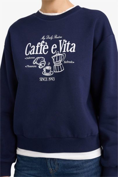 Relax Fit Printed Polo Neck Thick Sweatshirt