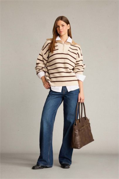 Overshirt Fit Turtleneck Half Zippered Striped Cotton Knit Pullover