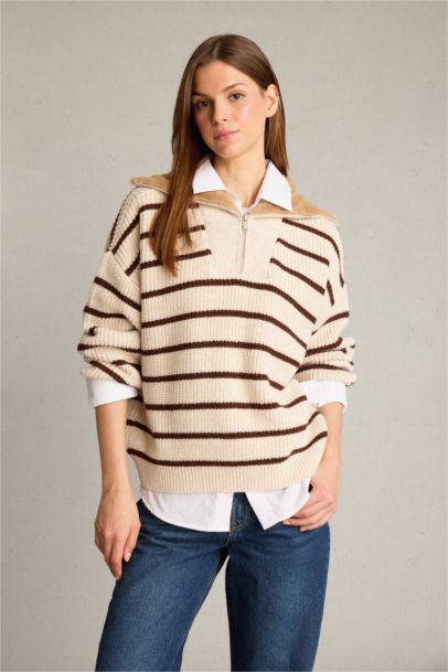 Overshirt Fit Turtleneck Half Zippered Striped Cotton Knit Pullover