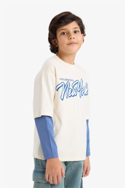 Oversize Geniş Kalıp Bisiklet Yaka Baskılı Uzun Kollu Tişört Erkek Çocuk