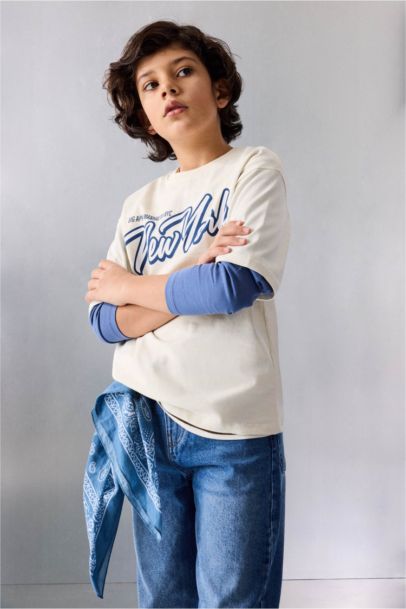 Oversize Geniş Kalıp Bisiklet Yaka Baskılı Uzun Kollu Tişört Erkek Çocuk