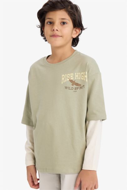 Oversize Geniş Kalıp Bisiklet Yaka Baskılı Uzun Kollu Tişört Erkek Çocuk