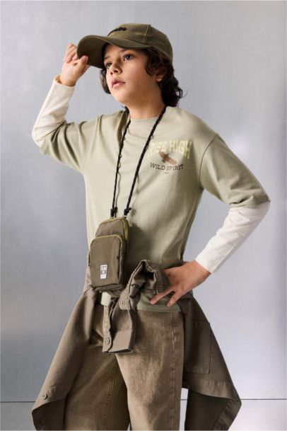 Oversize Geniş Kalıp Bisiklet Yaka Baskılı Uzun Kollu Tişört Erkek Çocuk