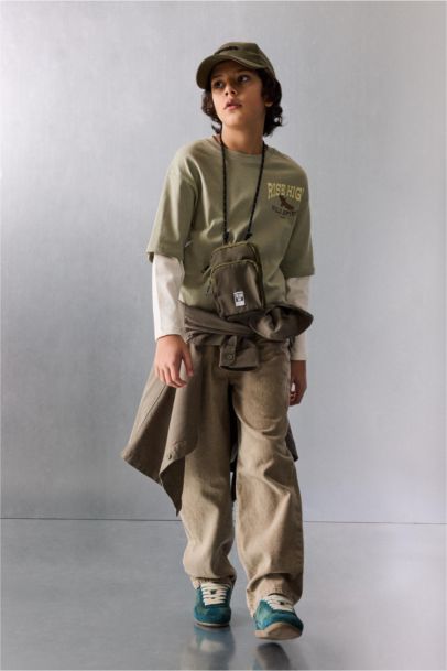 Oversize Geniş Kalıp Bisiklet Yaka Baskılı Uzun Kollu Tişört Erkek Çocuk