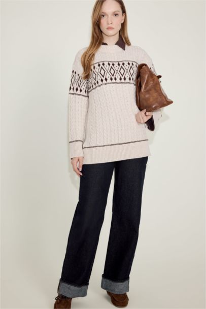 Regular Fit Crew Neck Patterned Knit Pullover Tunic