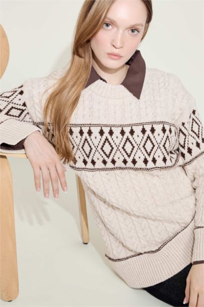 Regular Fit Crew Neck Patterned Knit Pullover Tunic