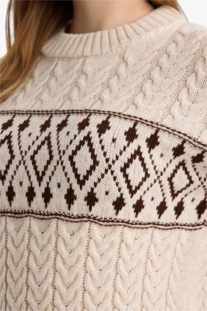 Regular Fit Crew Neck Patterned Knit Pullover Tunic