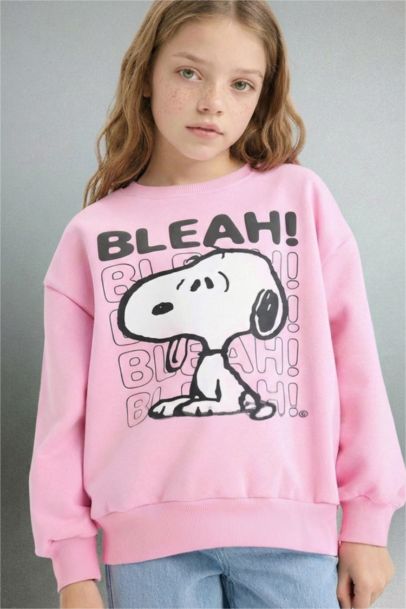 Snoopy Oversize Geniş Kalıp Bisiklet Yaka İçi Yumuşak Tüylü Sweatshirt Kız Çocuk