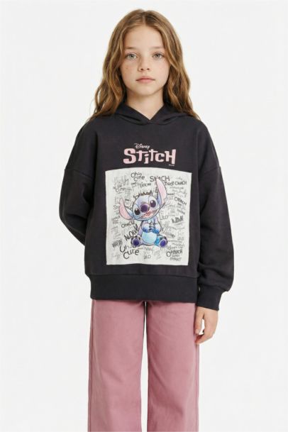 Disney Lilo & Stitch Oversize Geniş Kalıp Kapüşonlu İçi Yumuşak Tüylü Sweatshirt Kız Çocuk