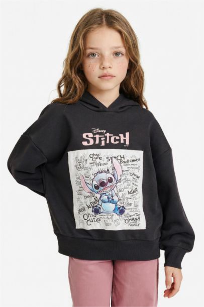 Disney Lilo & Stitch Oversize Geniş Kalıp Kapüşonlu İçi Yumuşak Tüylü Sweatshirt Kız Çocuk