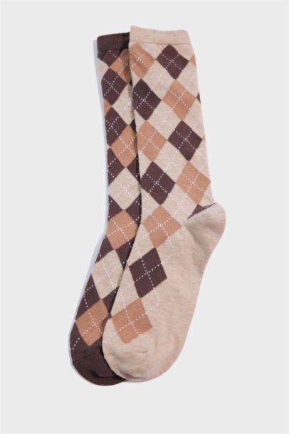 Kadın 2'li Baklava Desenli Pamuklu Diz Altı Çorap